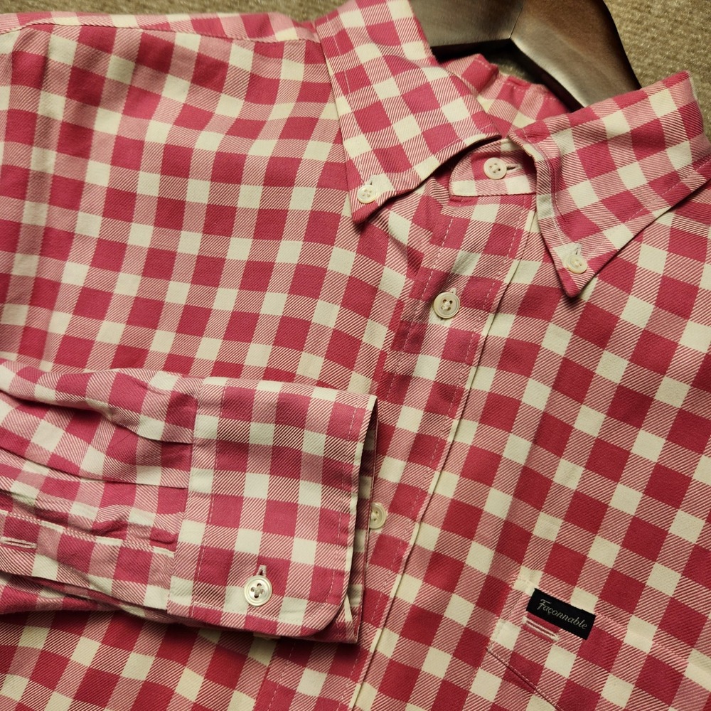 Faconnable Button Down Shirt Mens L Red White Gingham Plaid Long Sleeve‎ Pocket